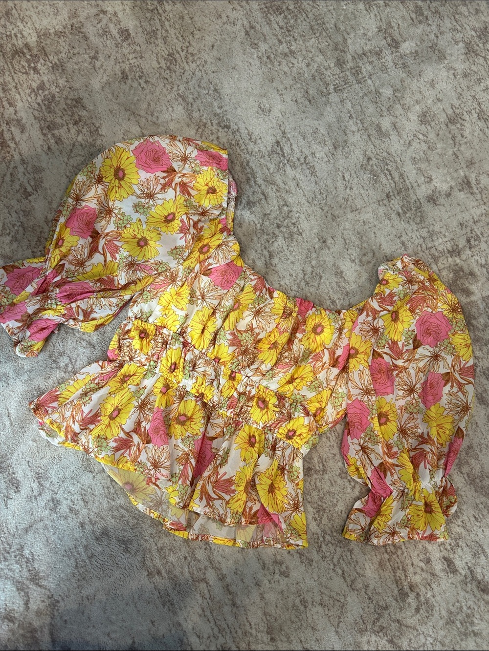 Flying Tomato Yellow & Pink Floral Smocked  Peplum Top small